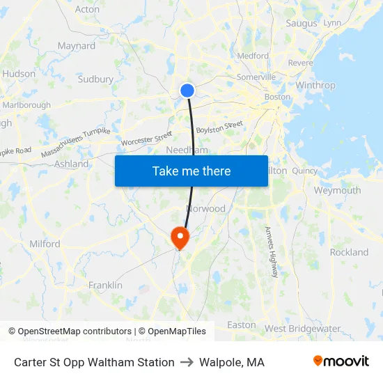 Carter St Opp Waltham Station to Walpole, MA map