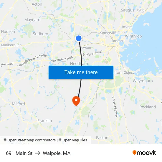 691 Main St to Walpole, MA map