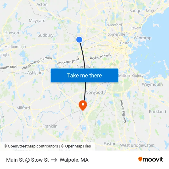 Main St @ Stow St to Walpole, MA map