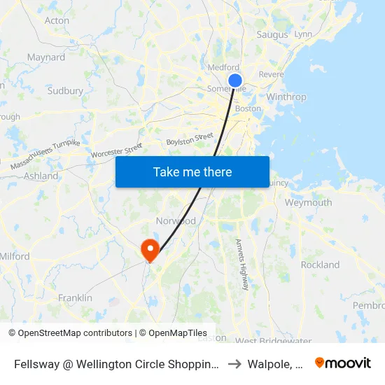 Fellsway @ Wellington Circle Shopping Ctr to Walpole, MA map