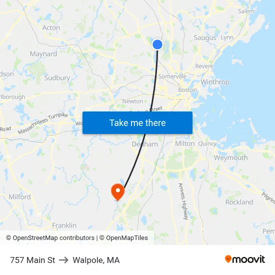757 Main St to Walpole, MA map