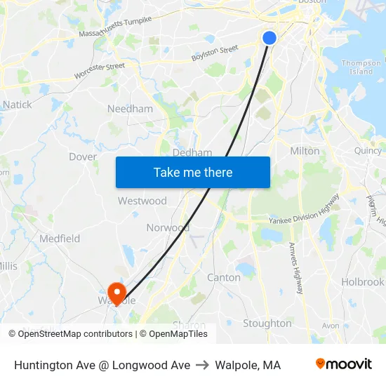 Huntington Ave @ Longwood Ave to Walpole, MA map