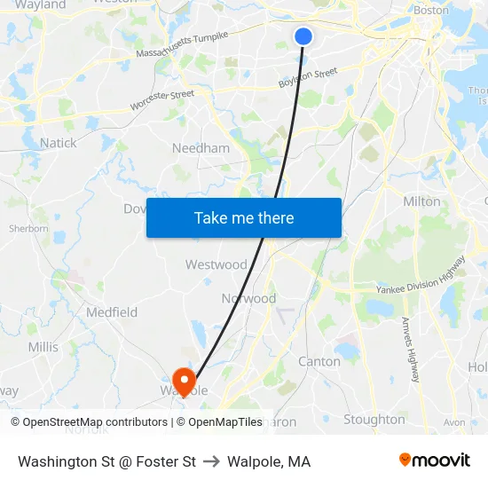 Washington St @ Foster St to Walpole, MA map