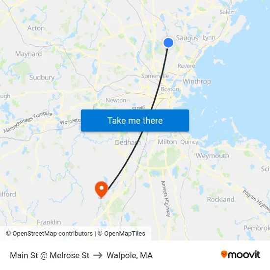 Main St @ Melrose St to Walpole, MA map