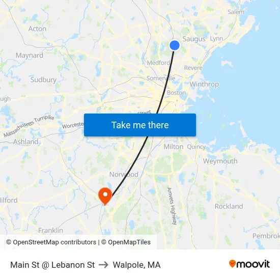 Main St @ Lebanon St to Walpole, MA map