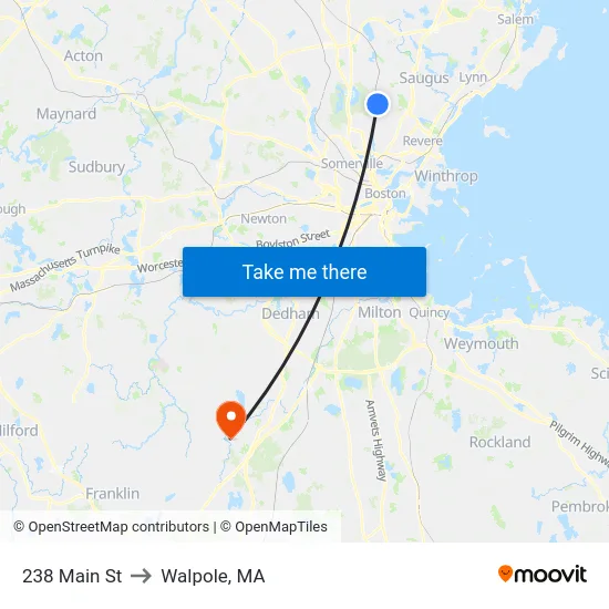 238 Main St to Walpole, MA map