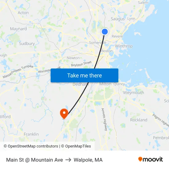 Main St @ Mountain Ave to Walpole, MA map