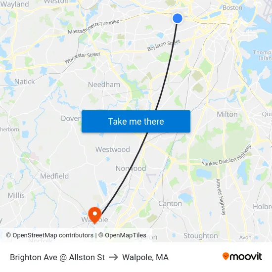 Brighton Ave @ Allston St to Walpole, MA map