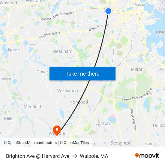 Brighton Ave @ Harvard Ave to Walpole, MA map