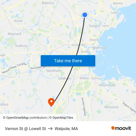 Vernon St @ Lowell St to Walpole, MA map