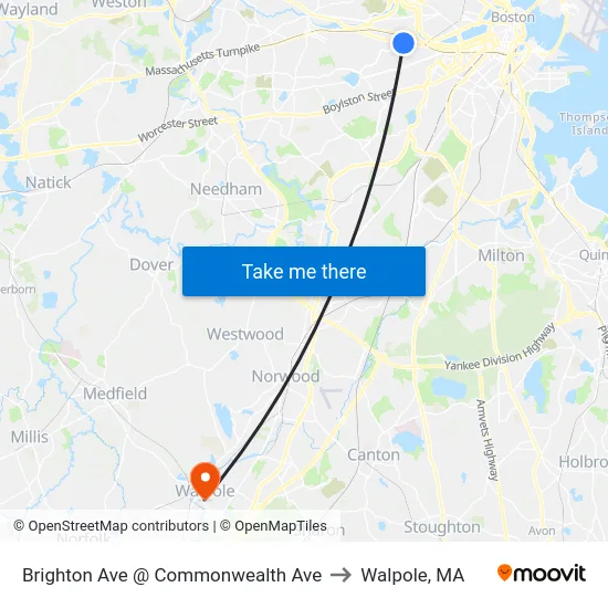 Brighton Ave @ Commonwealth Ave to Walpole, MA map
