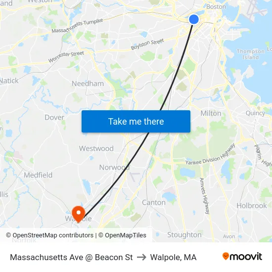 Massachusetts Ave @ Beacon St to Walpole, MA map