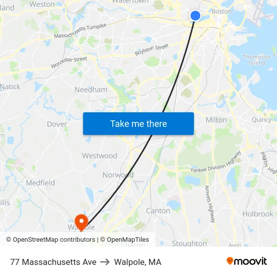 77 Massachusetts Ave to Walpole, MA map