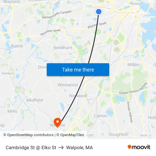 Cambridge St @ Elko St to Walpole, MA map