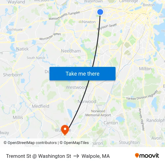 Tremont St @ Washington St to Walpole, MA map