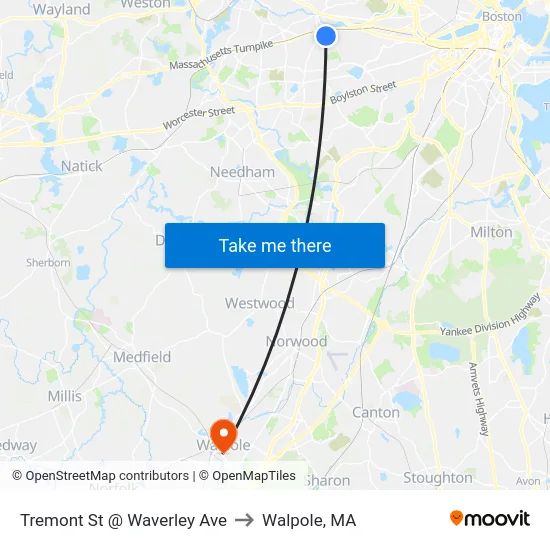 Tremont St @ Waverley Ave to Walpole, MA map