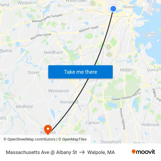 Massachusetts Ave @ Albany St to Walpole, MA map