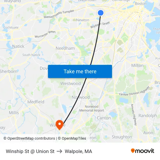 Winship St @ Union St to Walpole, MA map
