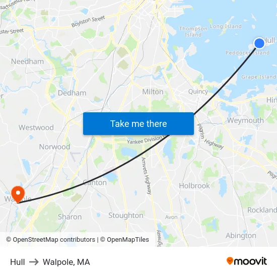 Hull to Walpole, MA map