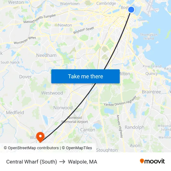 Central Wharf (South) to Walpole, MA map