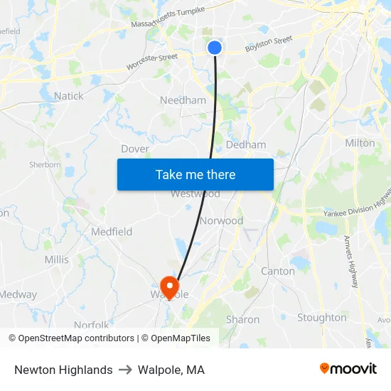 Newton Highlands to Walpole, MA map