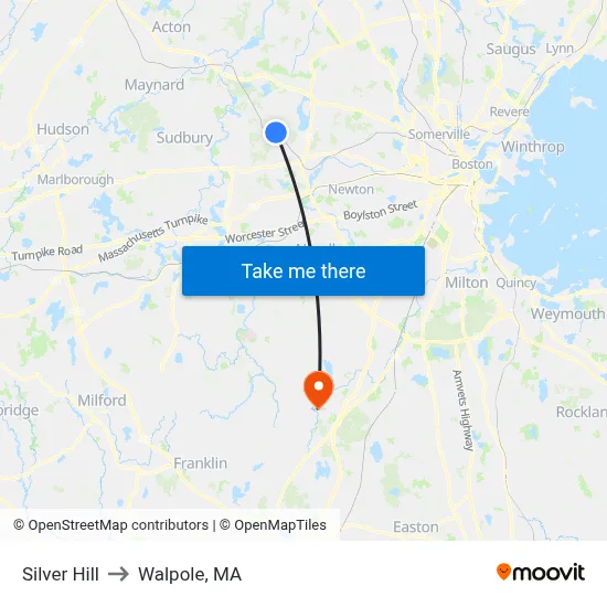 Silver Hill to Walpole, MA map