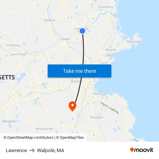 Lawrence to Walpole, MA map