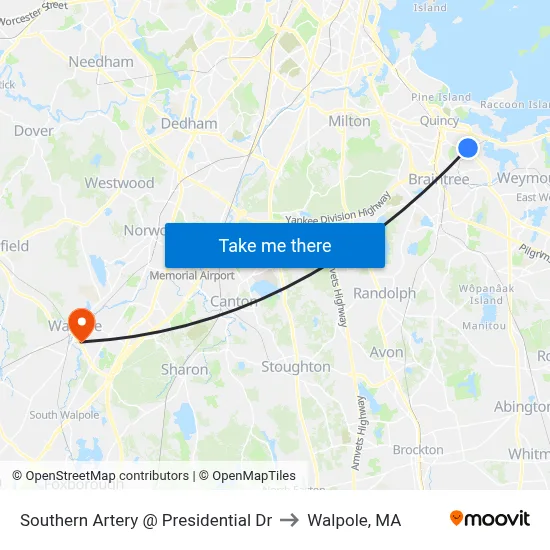 Southern Artery @ Presidential Dr to Walpole, MA map