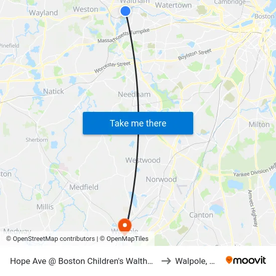 Hope Ave @ Boston Children's Waltham to Walpole, MA map