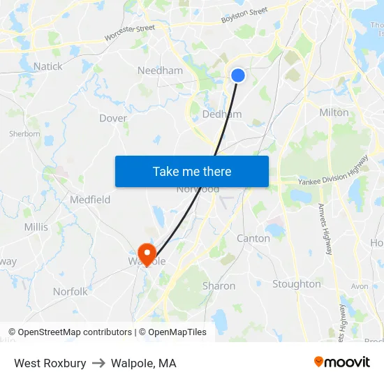 West Roxbury to Walpole, MA map