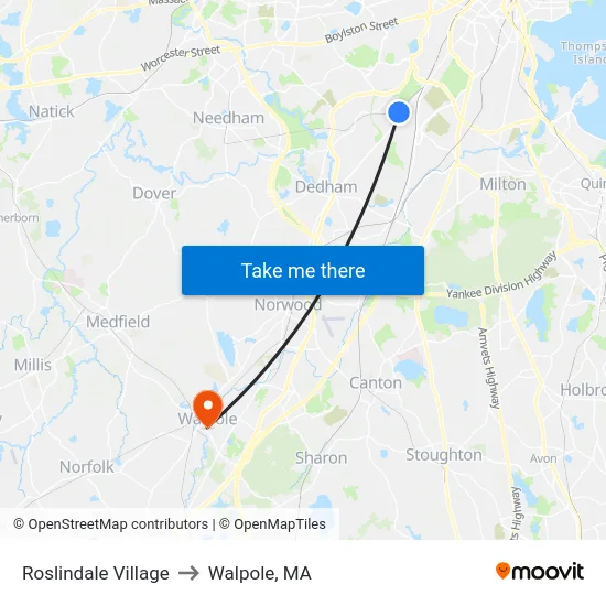 Roslindale Village to Walpole, MA map