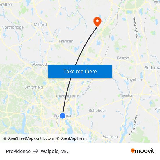 Providence to Walpole, MA map