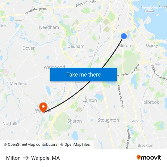 Milton to Walpole, MA map
