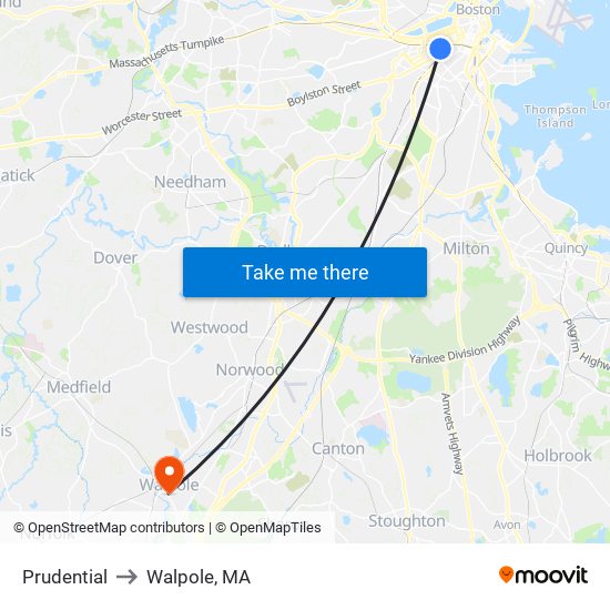 Prudential to Walpole, MA map