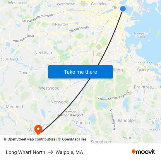 Long Wharf North to Walpole, MA map