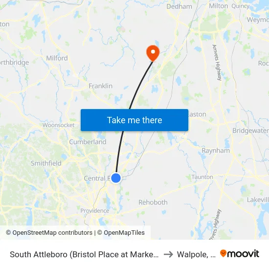 South Attleboro (Bristol Place at Market Basket) to Walpole, MA map