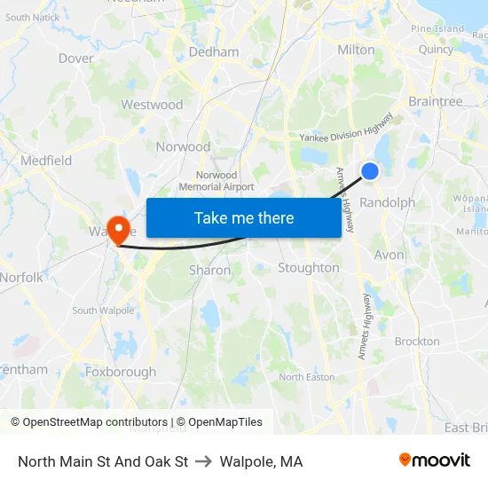 North Main St And Oak St to Walpole, MA map