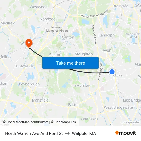 North Warren Ave And Ford St to Walpole, MA map