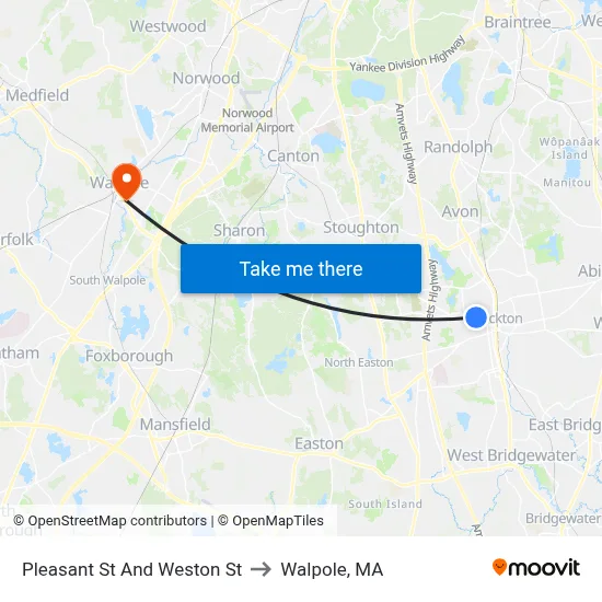 Pleasant St And Weston St to Walpole, MA map