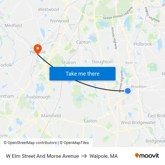 W Elm Street And Morse Avenue to Walpole, MA map