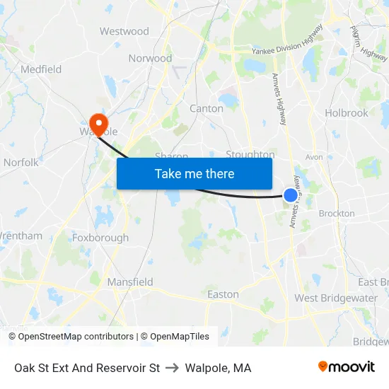 Oak St Ext And Reservoir St to Walpole, MA map
