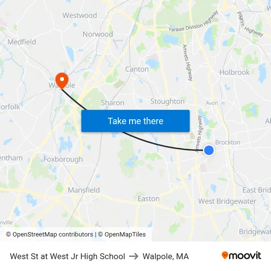 West St at West Jr High School to Walpole, MA map