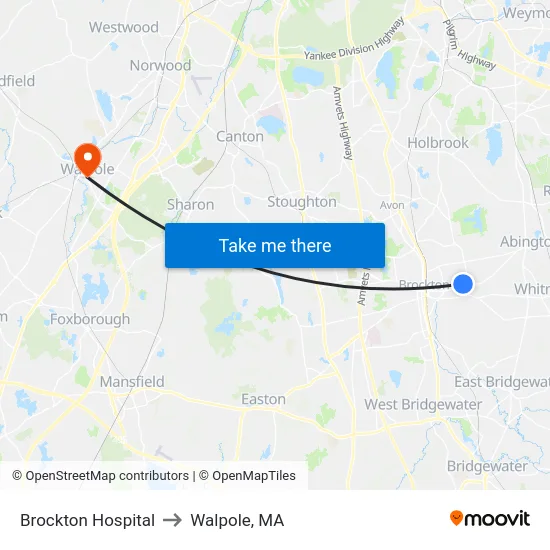 Brockton Hospital to Walpole, MA map