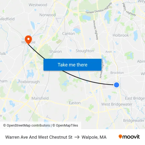Warren Ave And West Chestnut St to Walpole, MA map