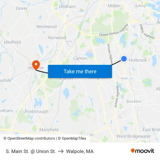 S. Main St. @ Union St. to Walpole, MA map