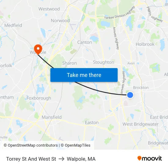 Torrey St And West St to Walpole, MA map