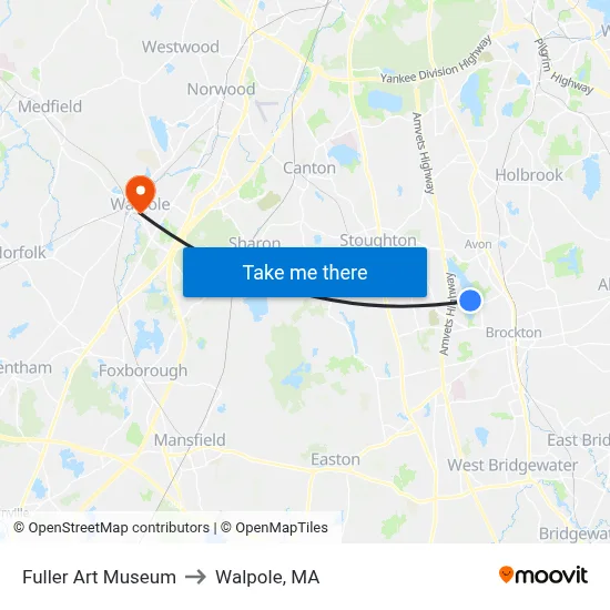 Fuller Art Museum to Walpole, MA map