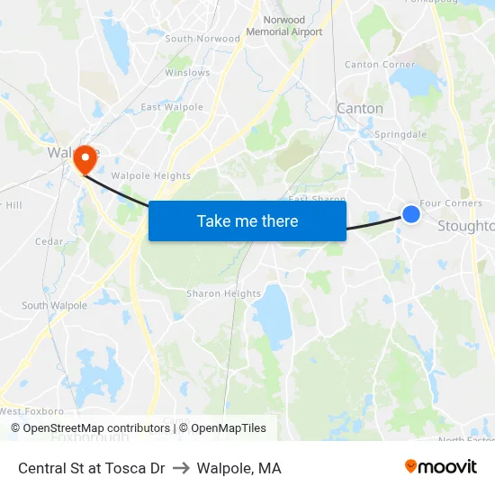 Central St at Tosca Dr to Walpole, MA map