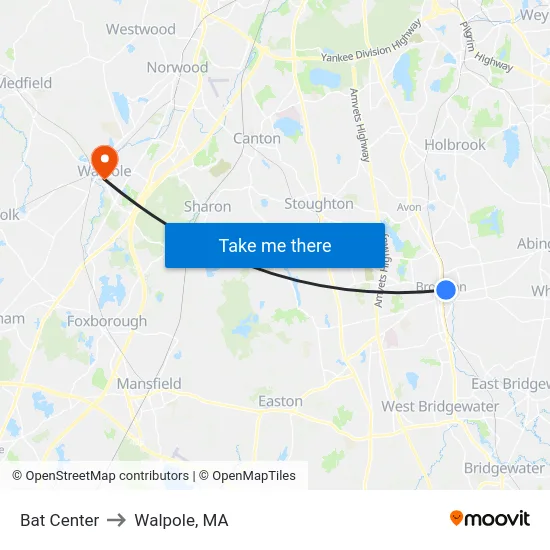Bat Center to Walpole, MA map