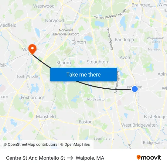 Centre St And Montello St to Walpole, MA map